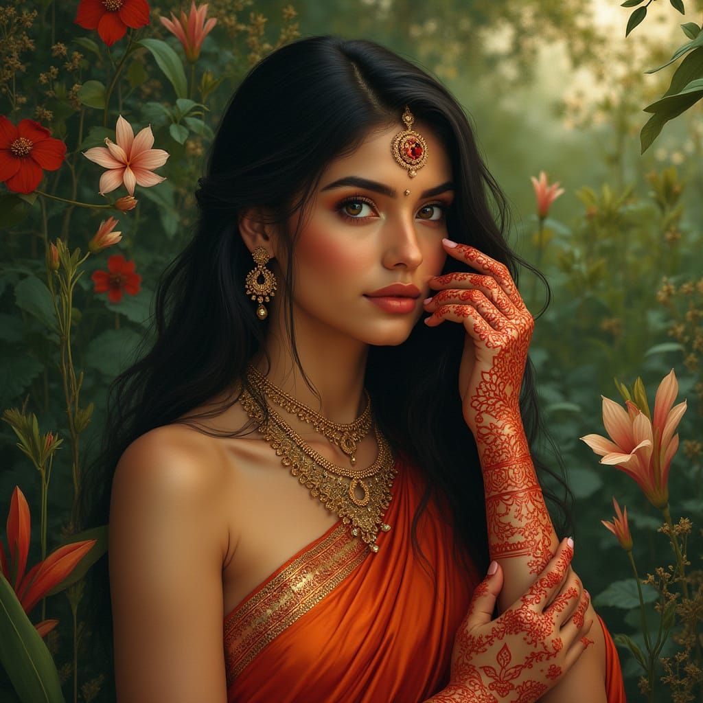 Serene Indian Goddess in Dreamy Garden Setting