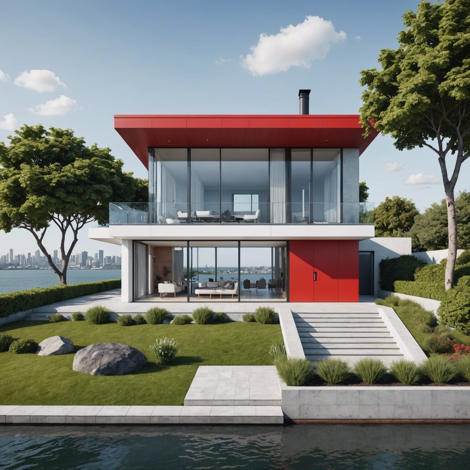 Modern House 3D Render with City and Water Views