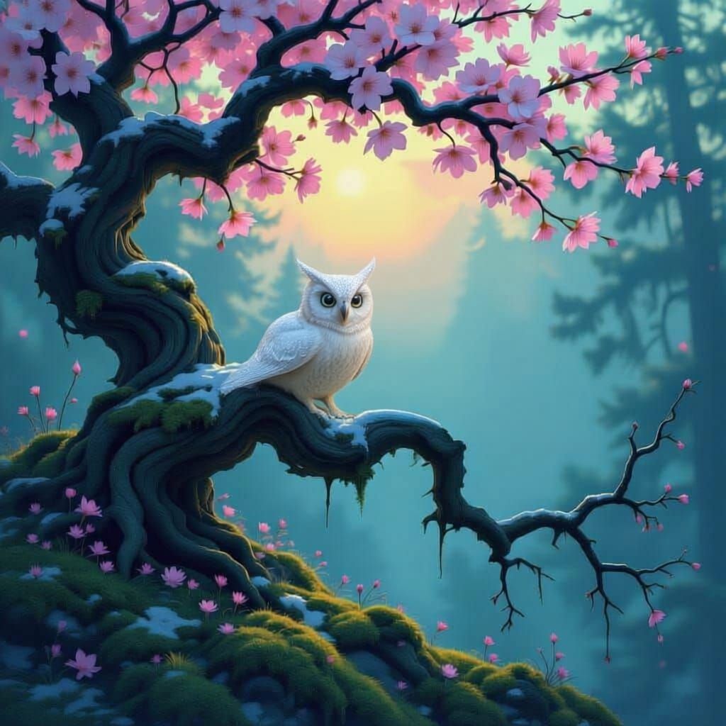 Obsidian Raven on Ancient Branch with Glowing Forest