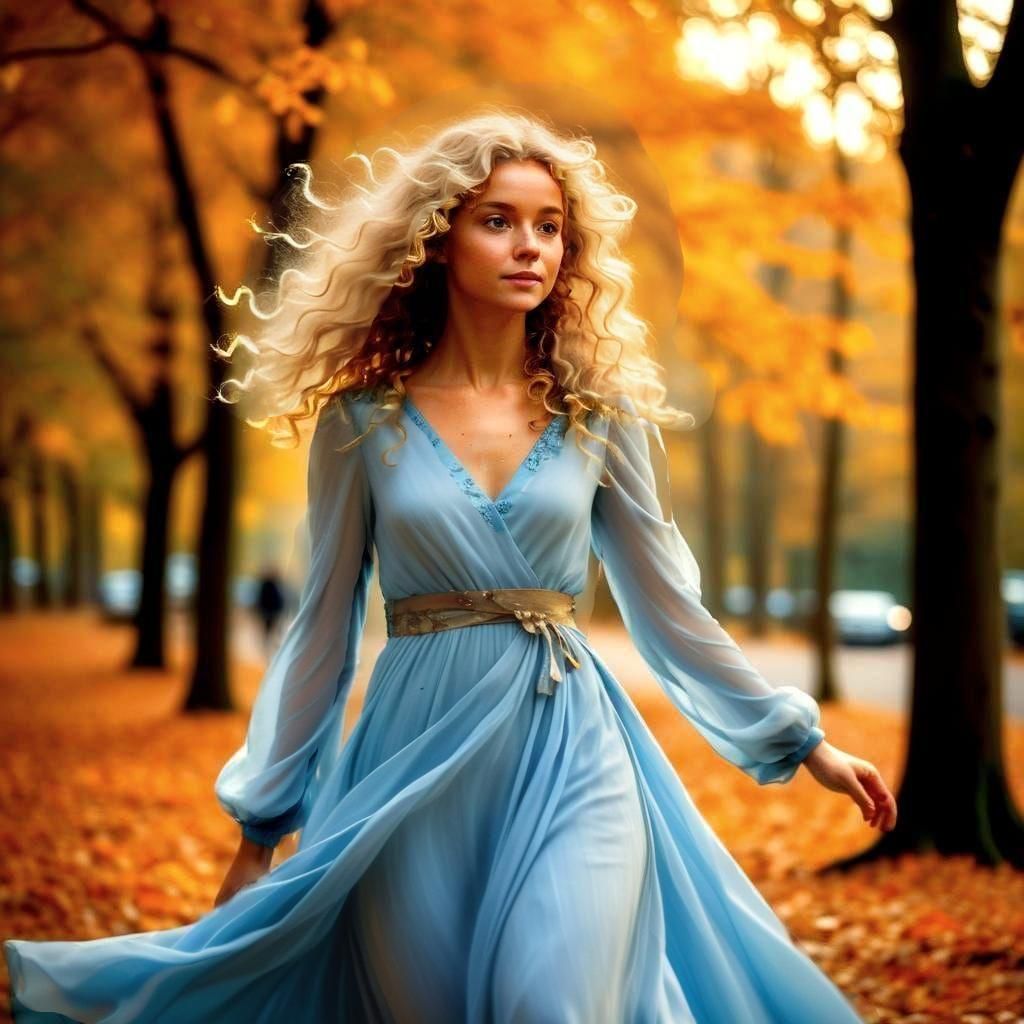Woman in Blue Gown in Autumn Landscape
