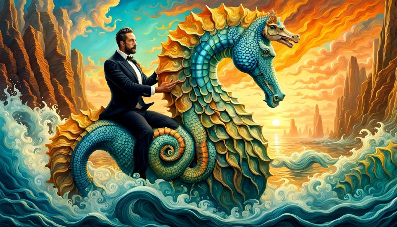 Mr. Peabody Rides Elemental Seahorse: Digital Illustration