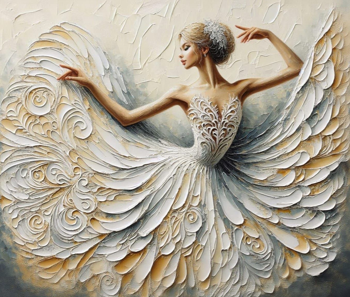 Ballerina in White Dress: Impasto Art Nouveau