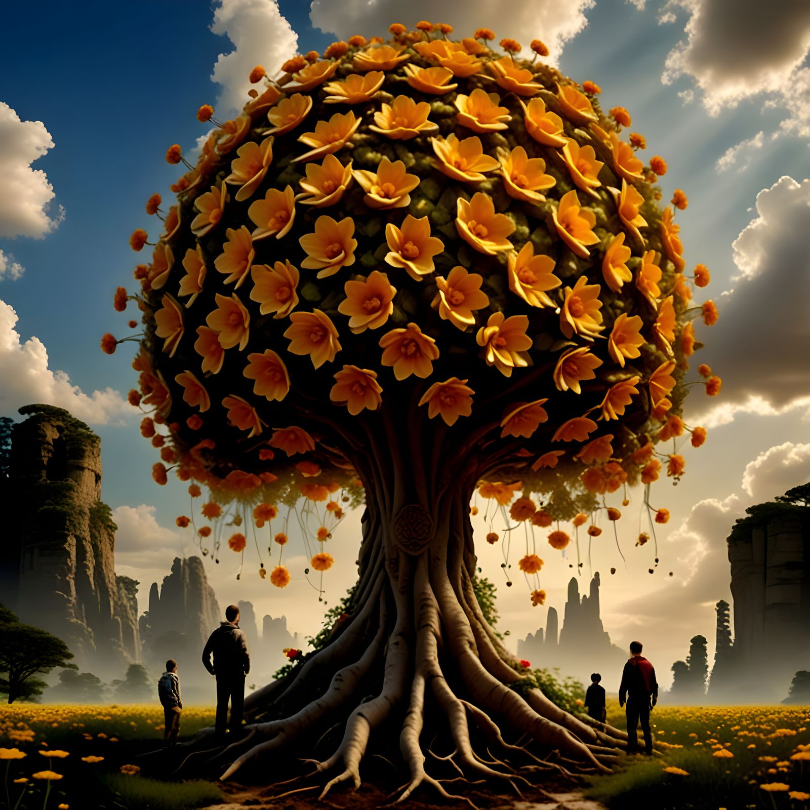 They stand beneath the flower tree of wisdom