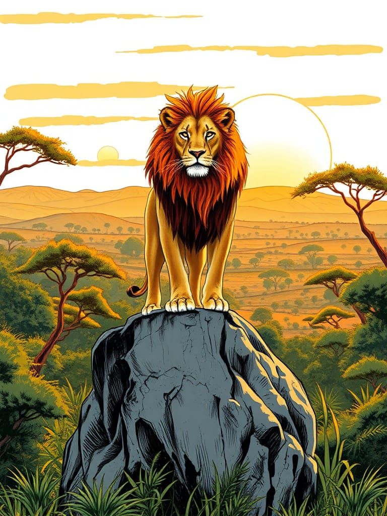 Lion on a Rock: Expressive Ink Sketch in Jungle