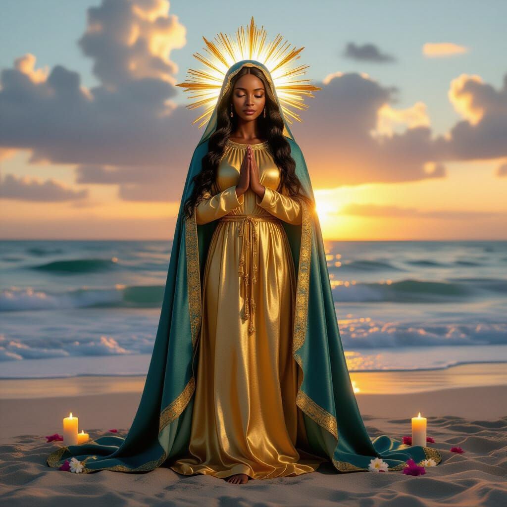 Elegant African American Woman as Virgin Mary in Golden Ligh...