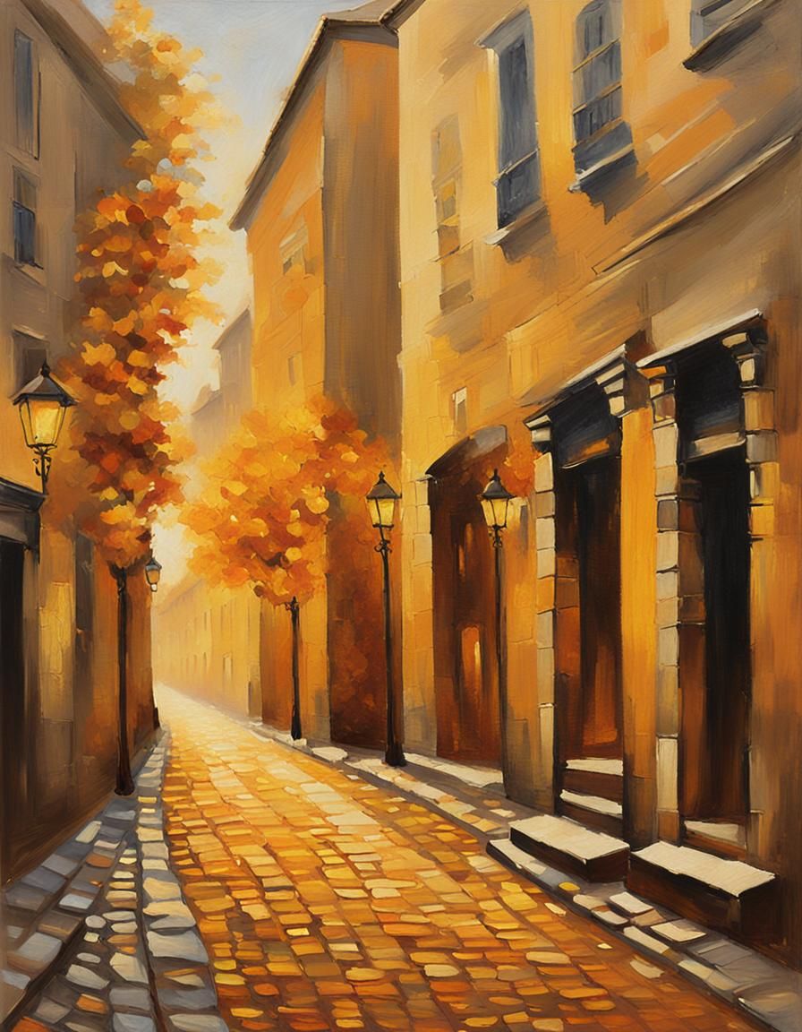Impressionist Amber Pillars on Cobblestone Street