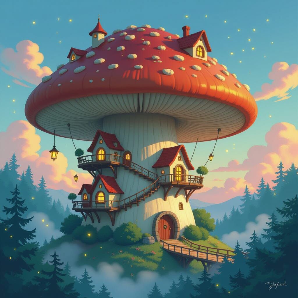 Enchanting Mushroom Village in Fantasy Illustration Style