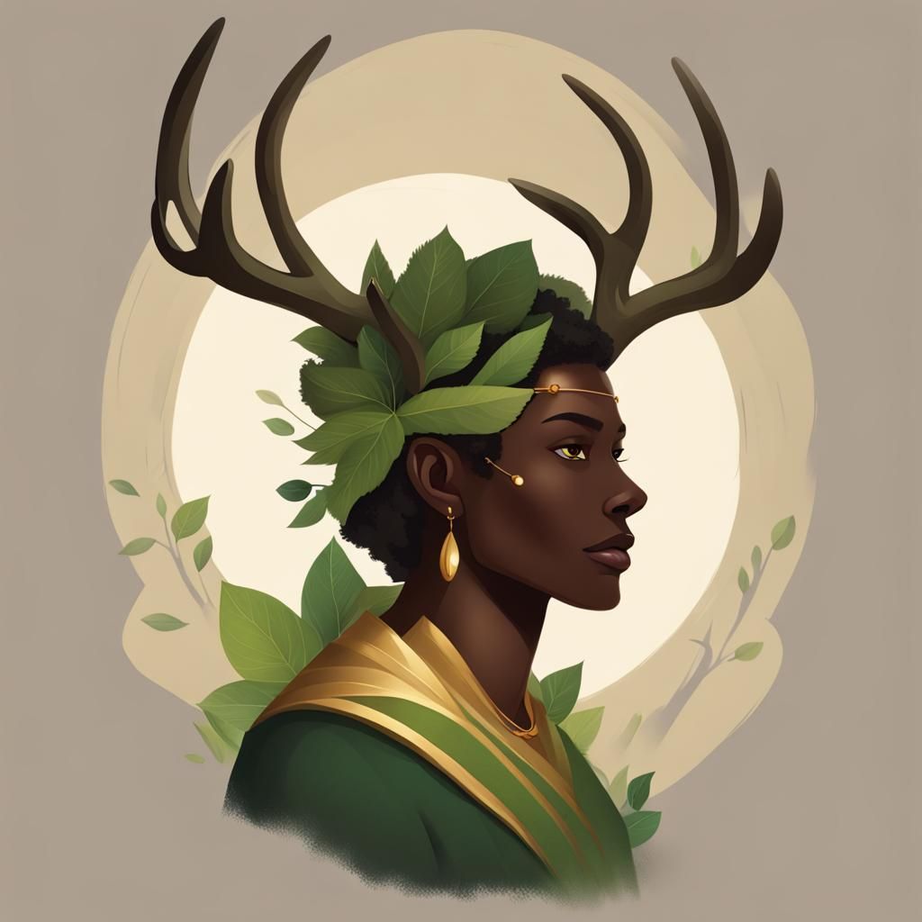 Mystical Forest Person with Antlers and Golden Eyes