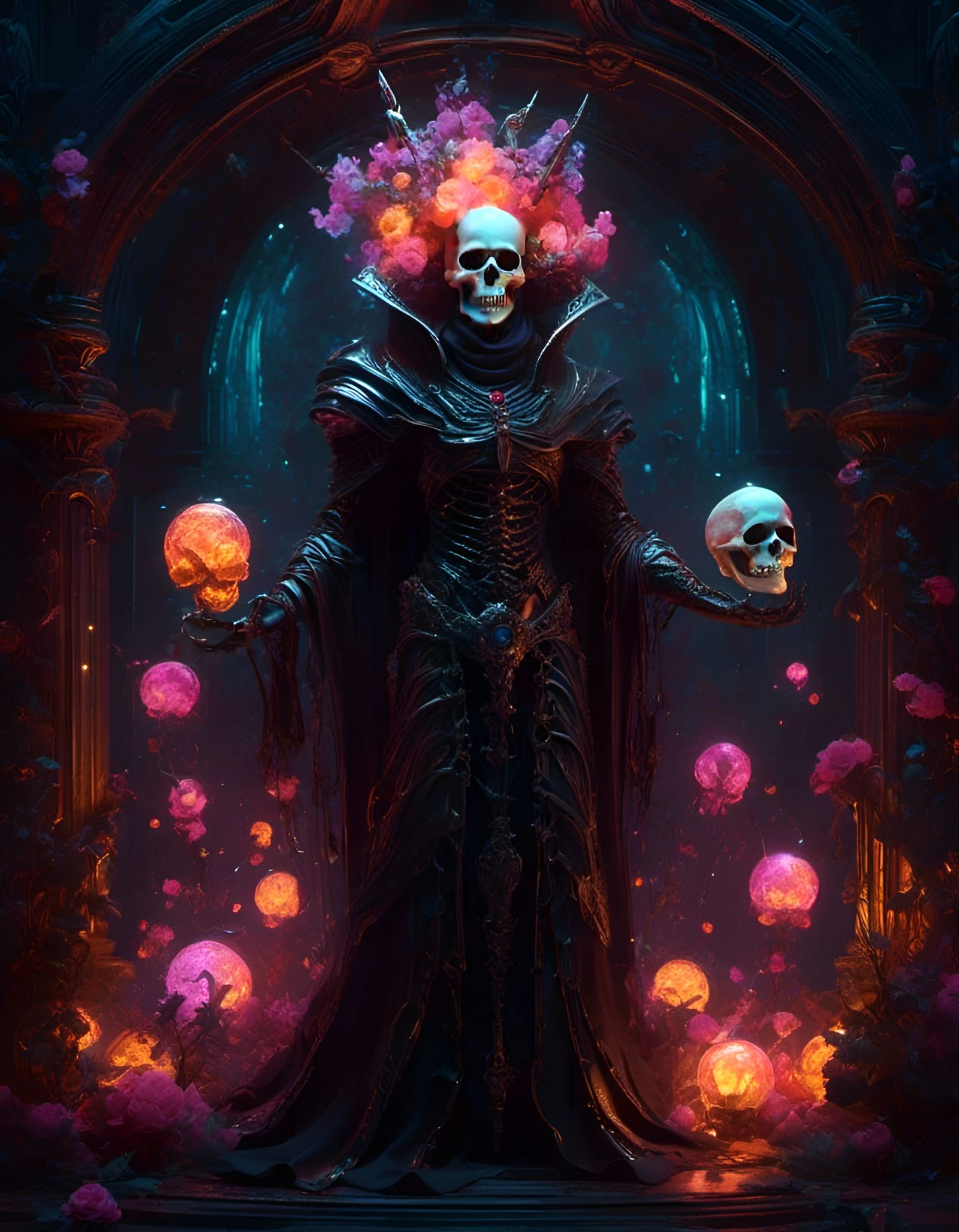 Sinister Necromancer with Skull Face in Deep Space