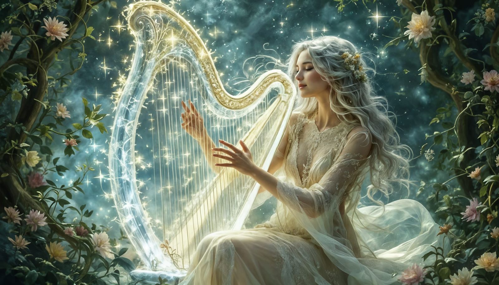 Mystical Woman Plays Crystal Harp in Dreamy, Ethereal Realm