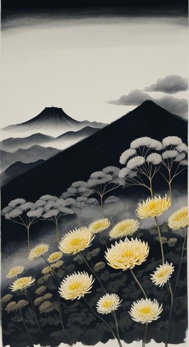 Chrysanthemums in Mountains: Chinese Ink Painting