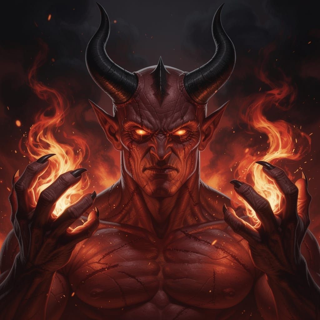 Powerful Demon Portrait with Fiery Eyes and Swirling Flames