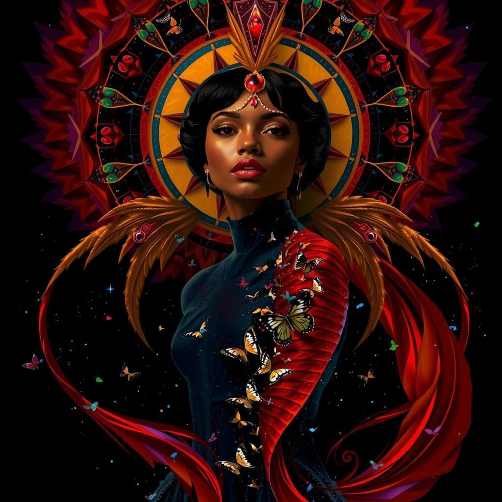 Regal Woman in Art Deco Amidst Psychedelic Vortex