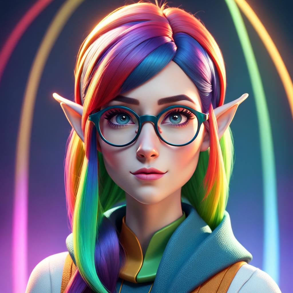 Rainbow Haired Elf Girl in Pixar Style