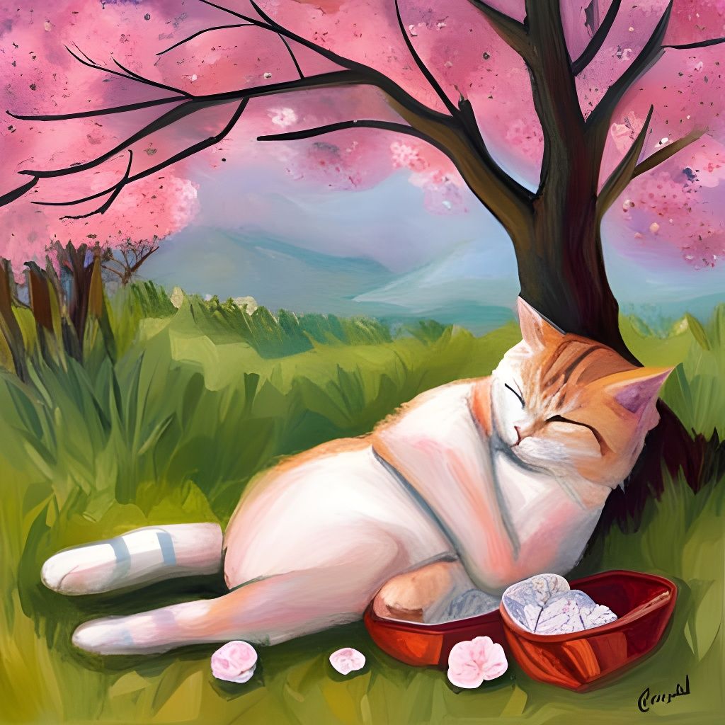 Cat Nap Under Cherry Blossom Tree Illustration