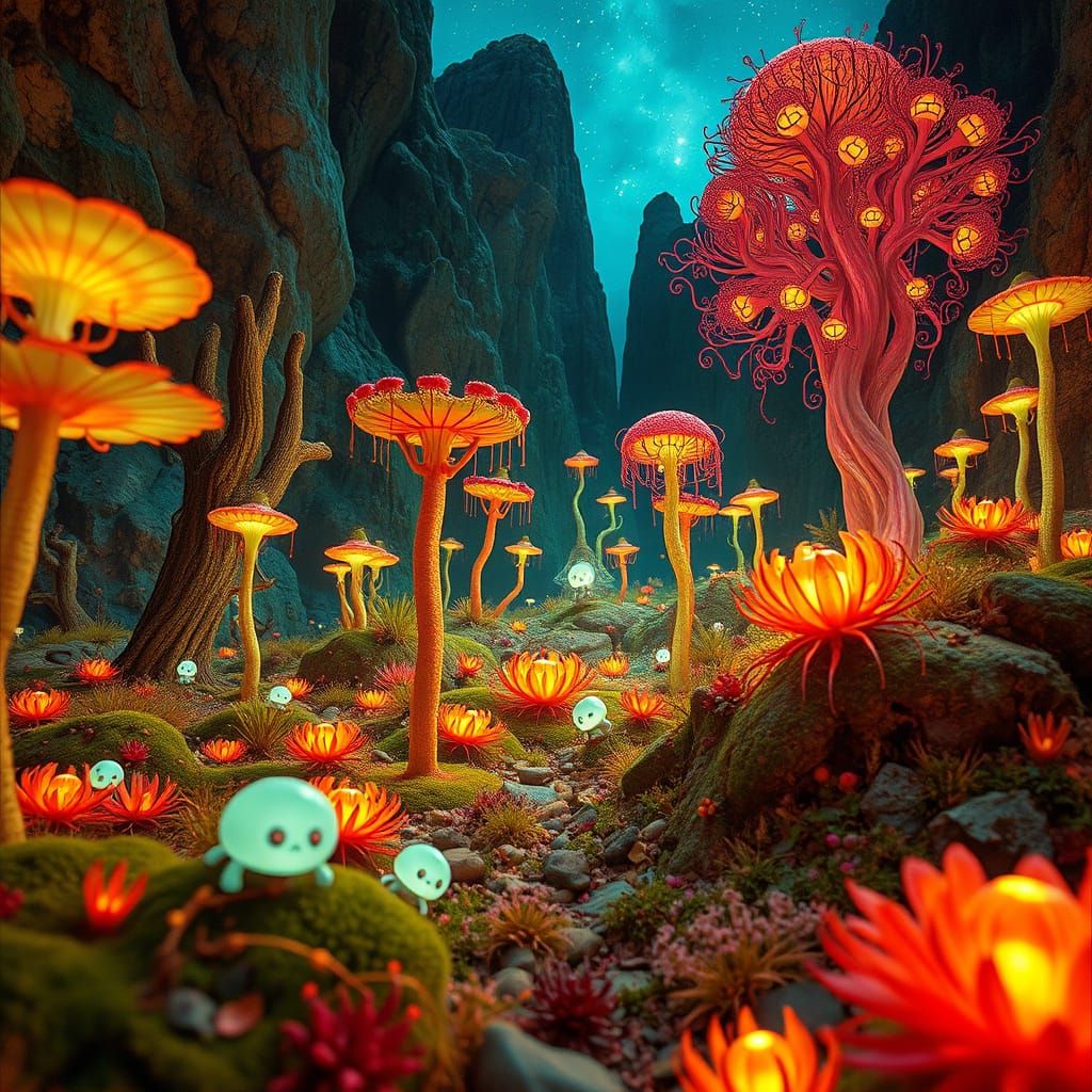 Surreal Landscape with Glowing Flora in Dreamlike Style