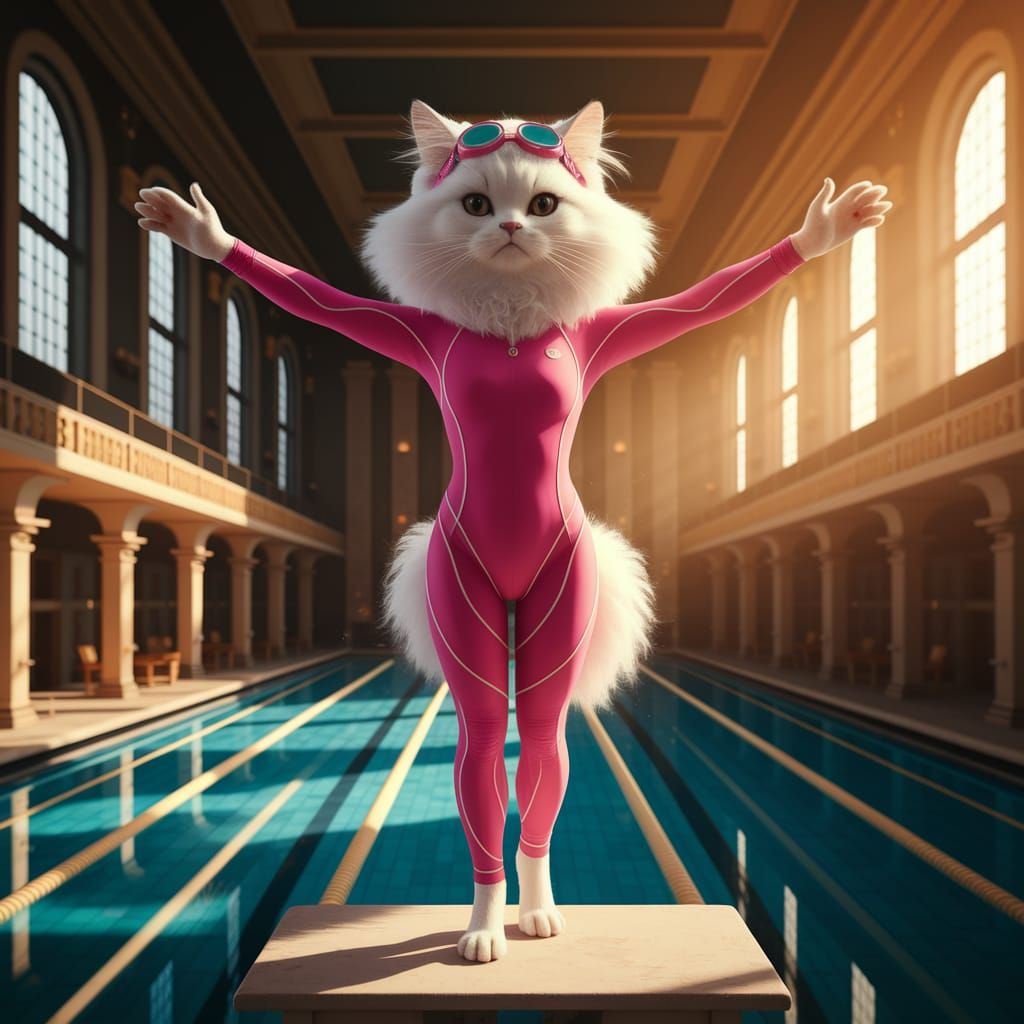 Fluffy Cat Ready to Dive in Pink Lycra