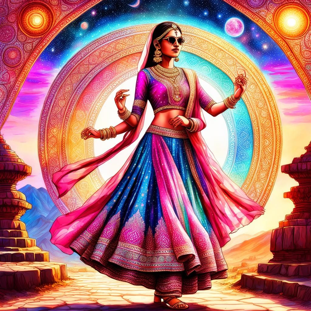 Gulabi Sharara Dance: Holographic Cosmic Rajasthan Illustrat...