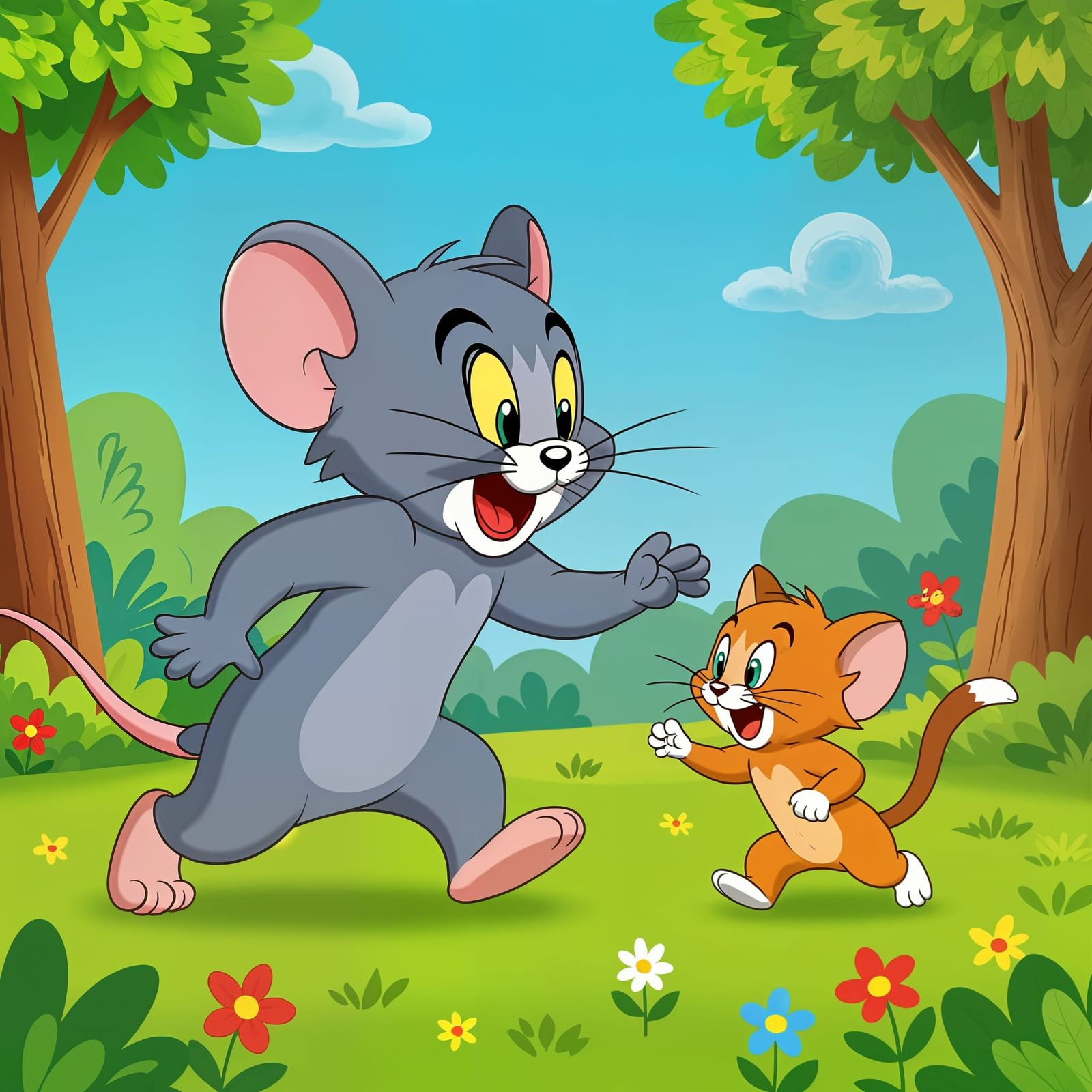 Giant Mouse Chases Tiny Cat In Cartoon Style