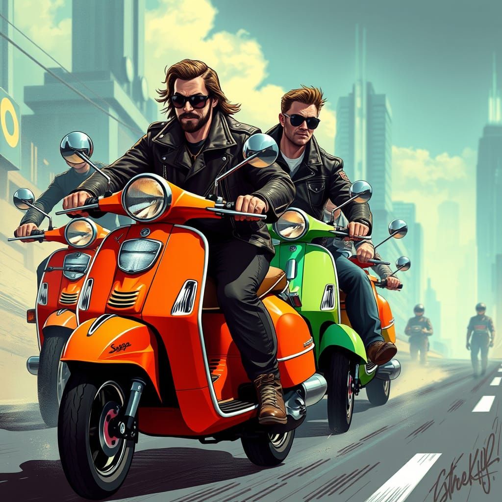 Bikers on Vespas in Stylized Digital Illustration