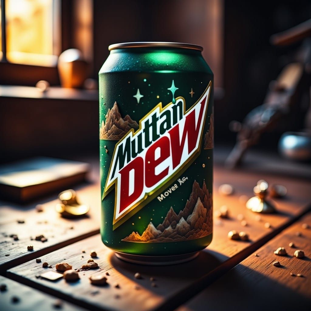 Vintage Mountain Dew Can in Gritty Futurism Style