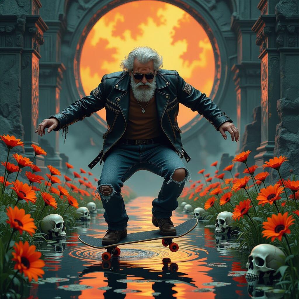 Skateboarding Old Man in Dystopian Cyberpunk Landscape