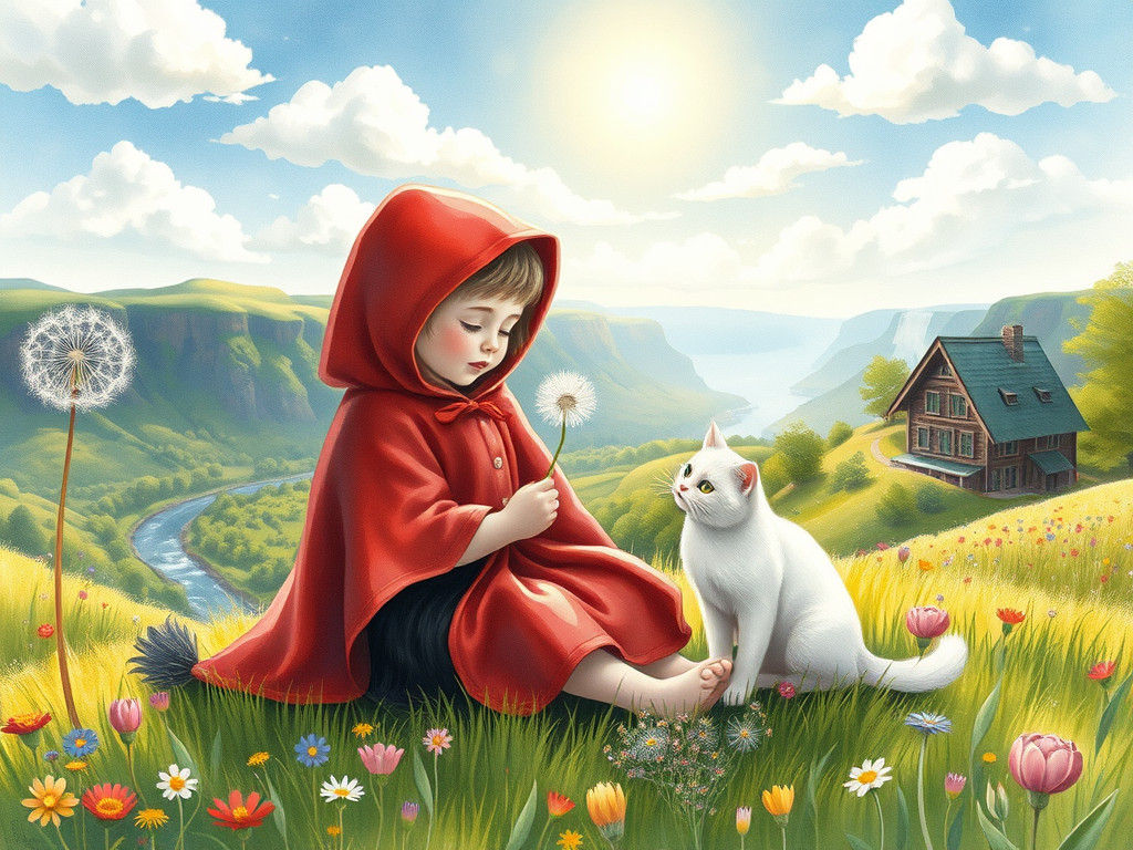 Pastel Watercolor of Girl with Animals on Hill