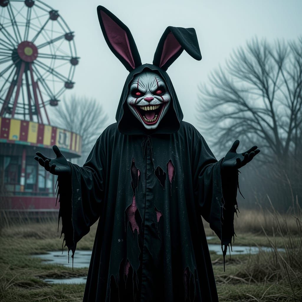 Creepy Dark Bunny Laughing in Abandoned Carnival