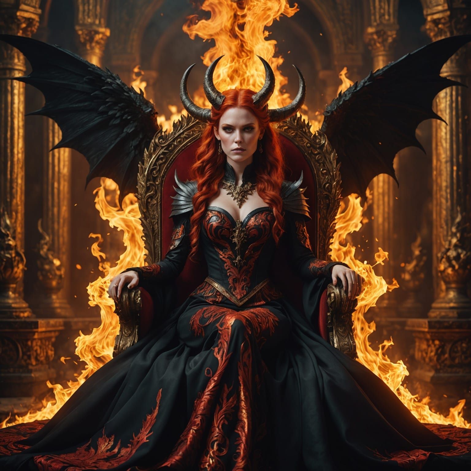 Young Demon Queen on Golden Throne: Fantasy Art