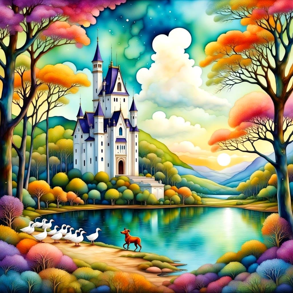 Ethereal Fantasy Castle Scene in Vibrant Watercolor