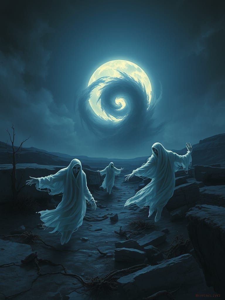 Ethereal Phantoms in Moonlit Landscape with Dark Vortex
