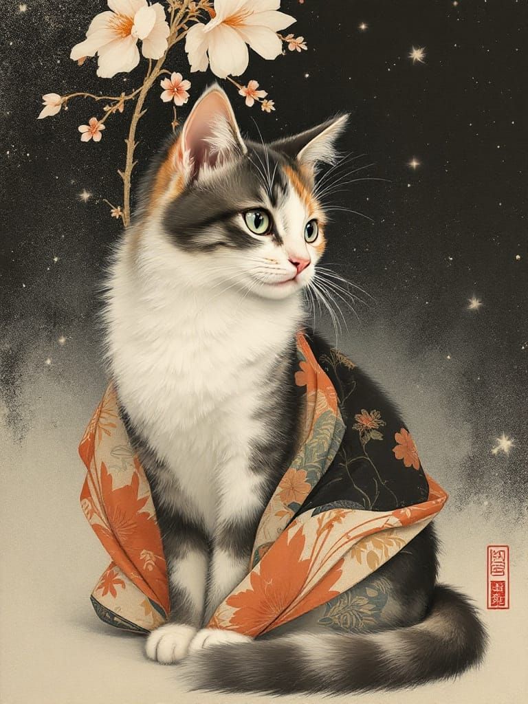 Adorable Cat Under Tall Flower, Refined Japanese Art Style