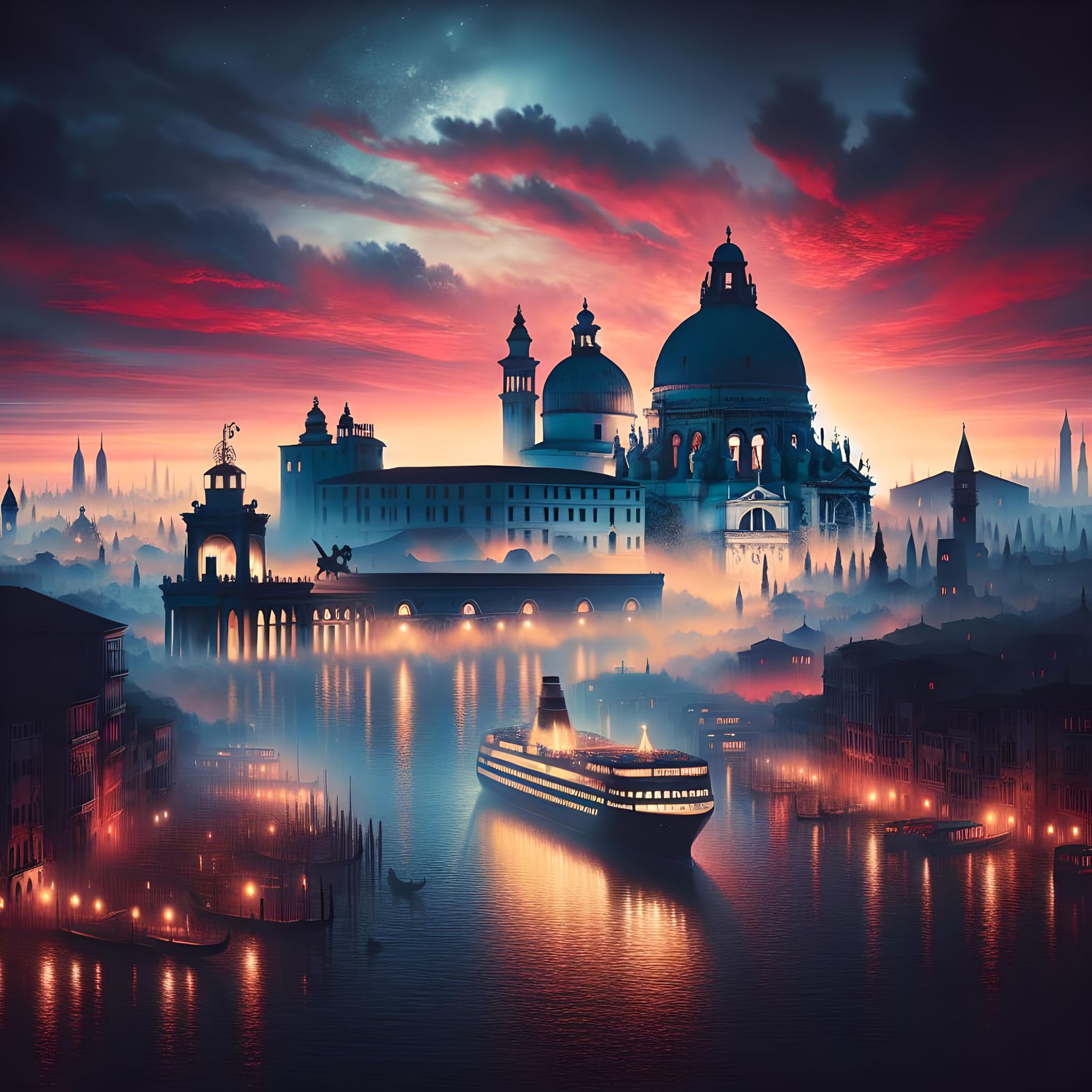 Italian Cityscape at Twilight with Cruise Ship