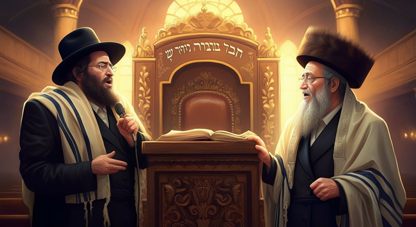 Hasidic Gabbai & Oleah Near Bimah in Synagogue Comic Style