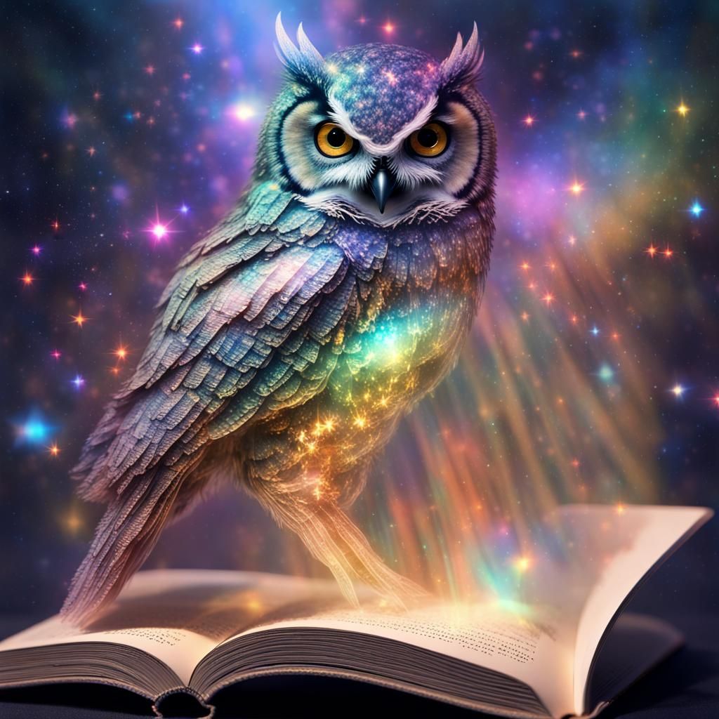 Holographic Owl Projected from Book, Digital Illustration