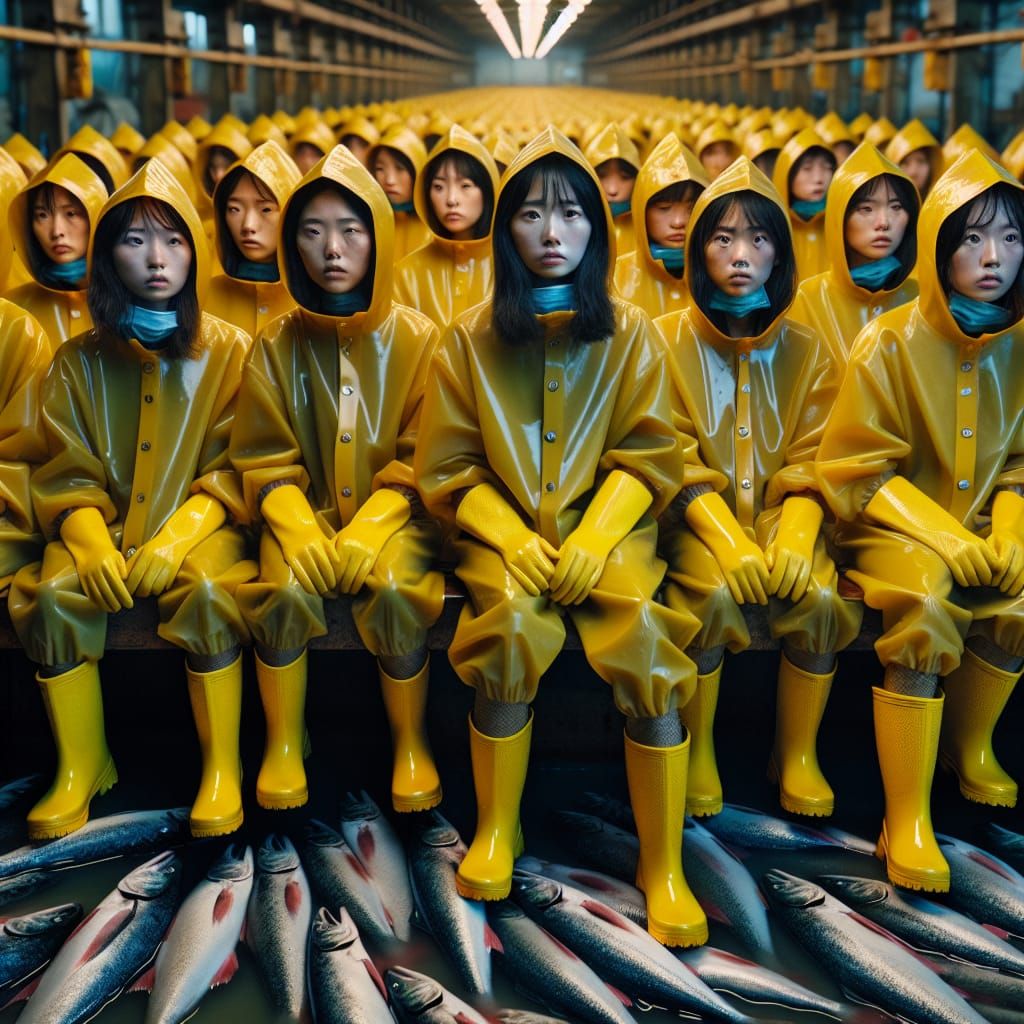 Industrious Asian Women in Yellow Rain Gear