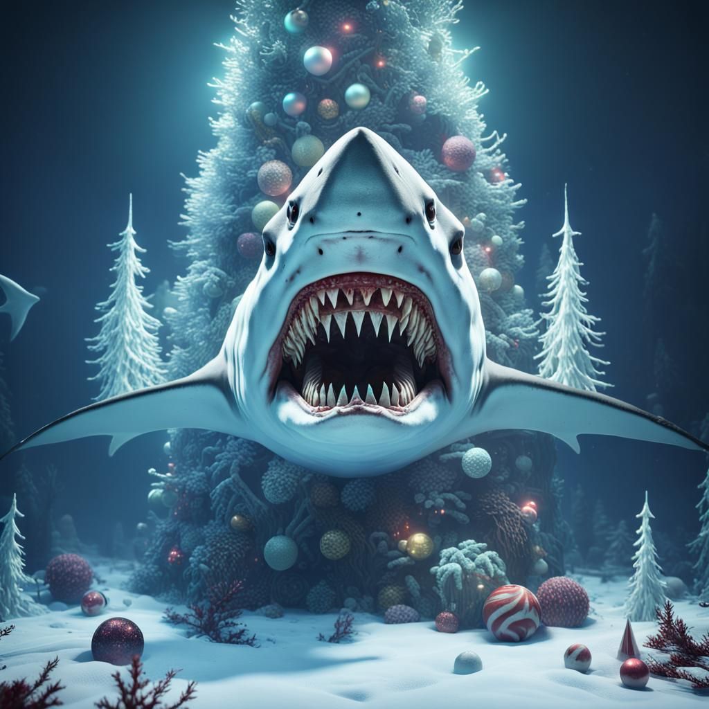 Zombie Shark Christmas Scene in Dark Water