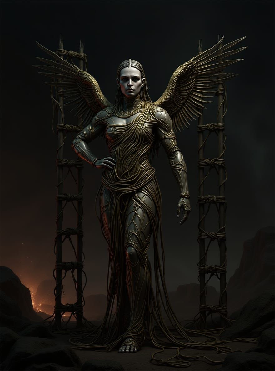 Angelic Metal Figure in Dystopian Landscape