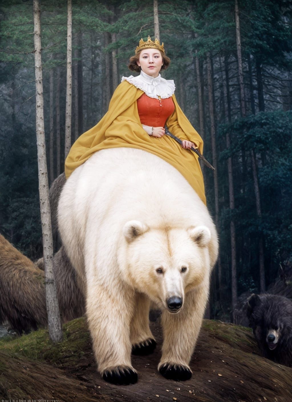 Princess Rides White Bear in Forest, Oil Painting Style