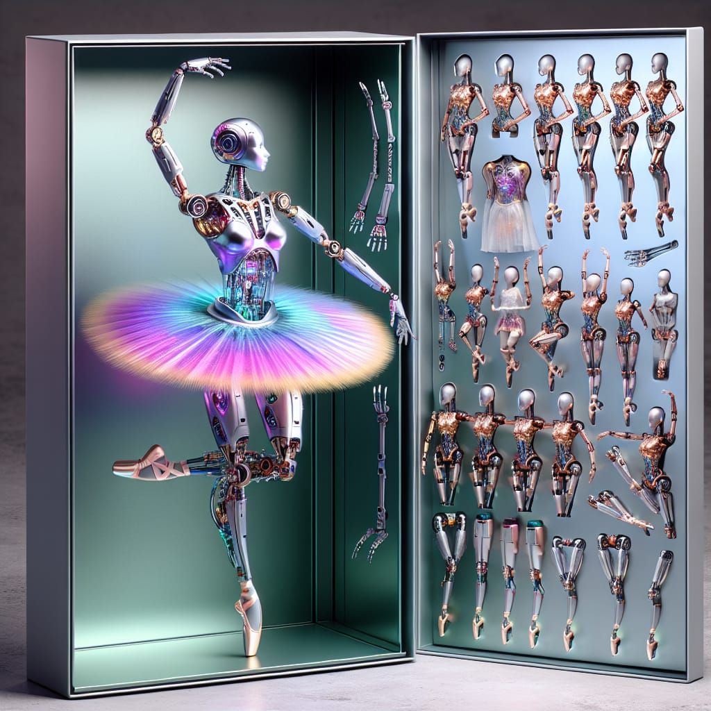 „Innovative Roboter-Ballerina: Actionfigur mit austauschbaren Teilen und futuristischer Verpackung für Sammlerfreude“