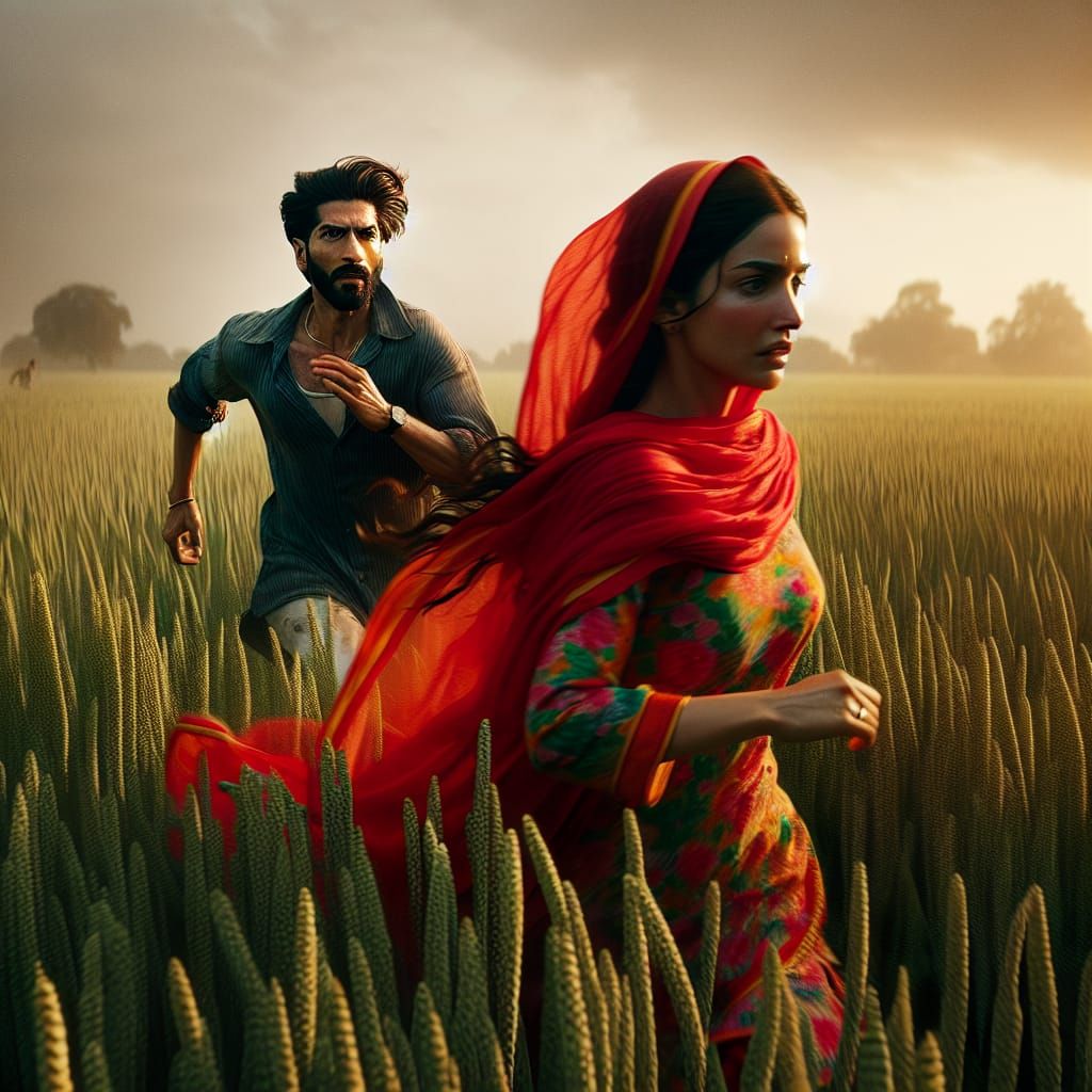 Man Chasing Wife in Field, Hyperrealistic 8K Image