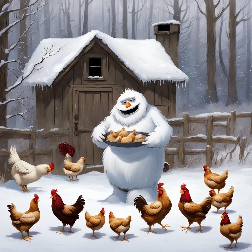 Abominable Snowman Feeds Chickens: Humorous Scene
