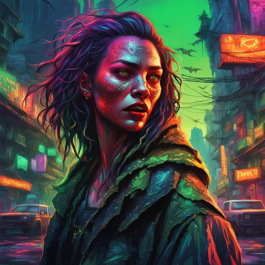 Vampire in Neon Jungle City: Hyperrealistic Splash Art