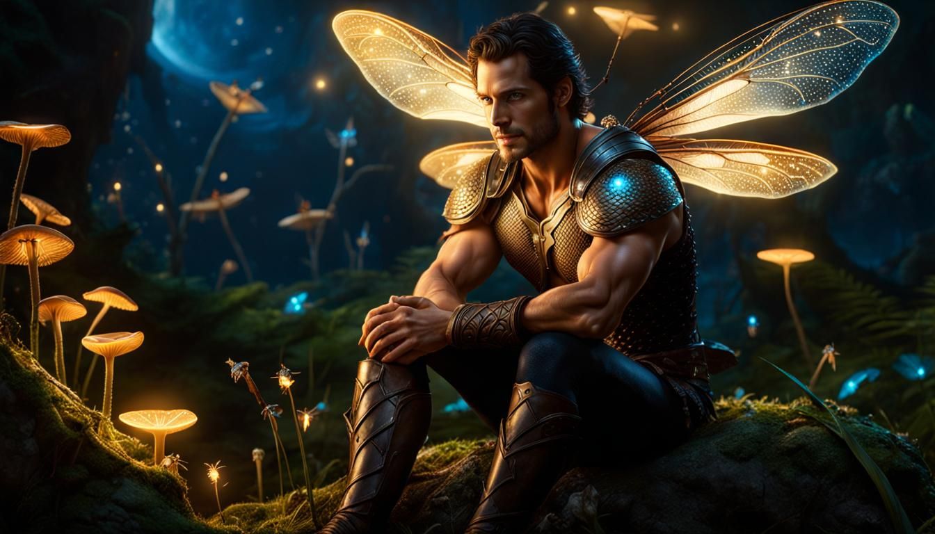 Bioluminescent Fairy Prince on Mushroom, Fantasy Art