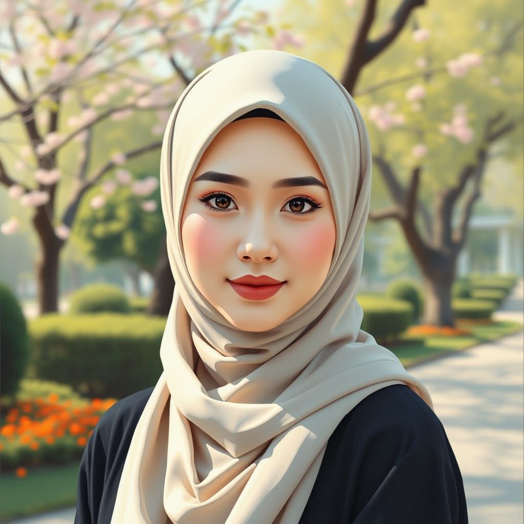 Beautiful Hijabi Woman in a Park, Oil Painting