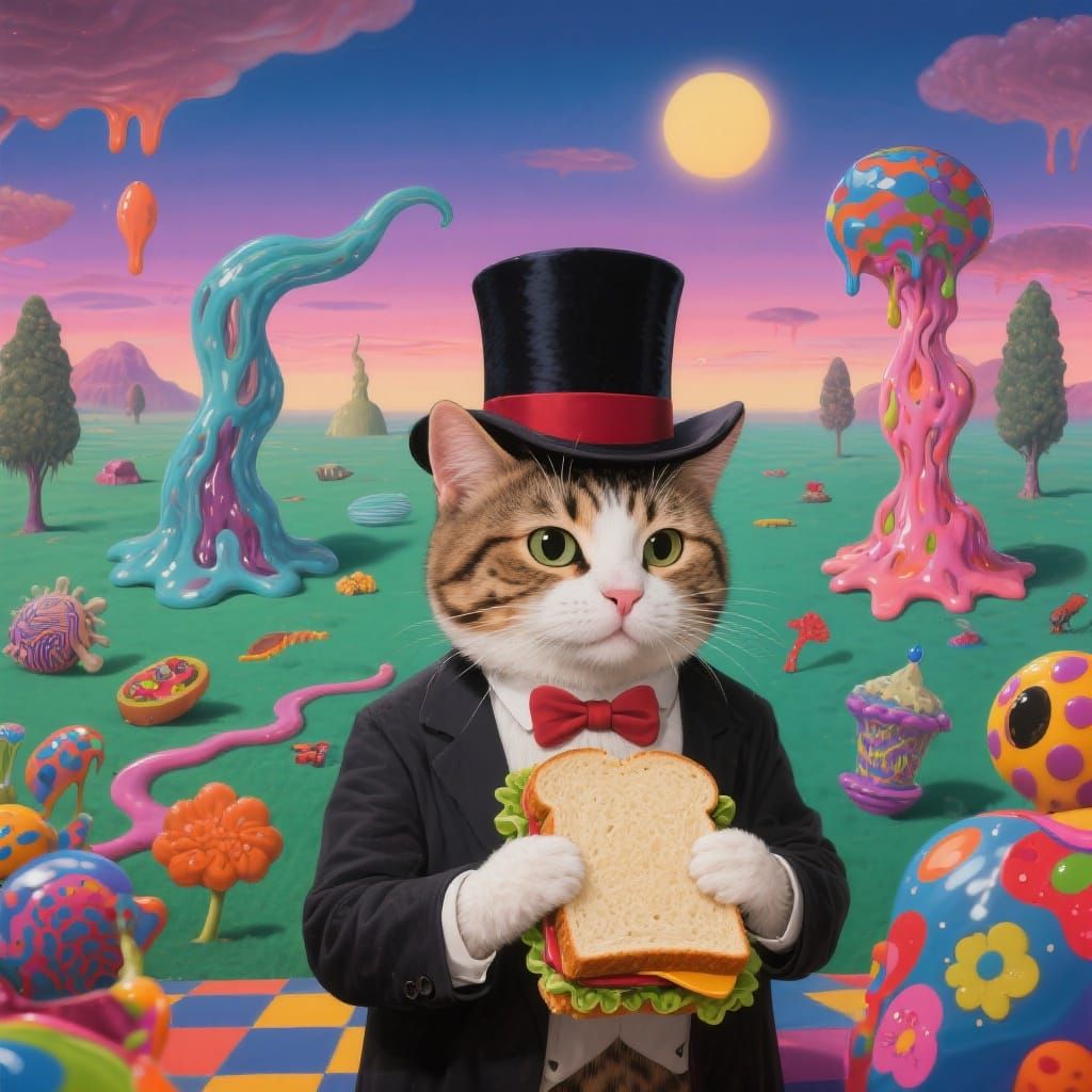 Surreal Cat in Top Hat with Sandwich