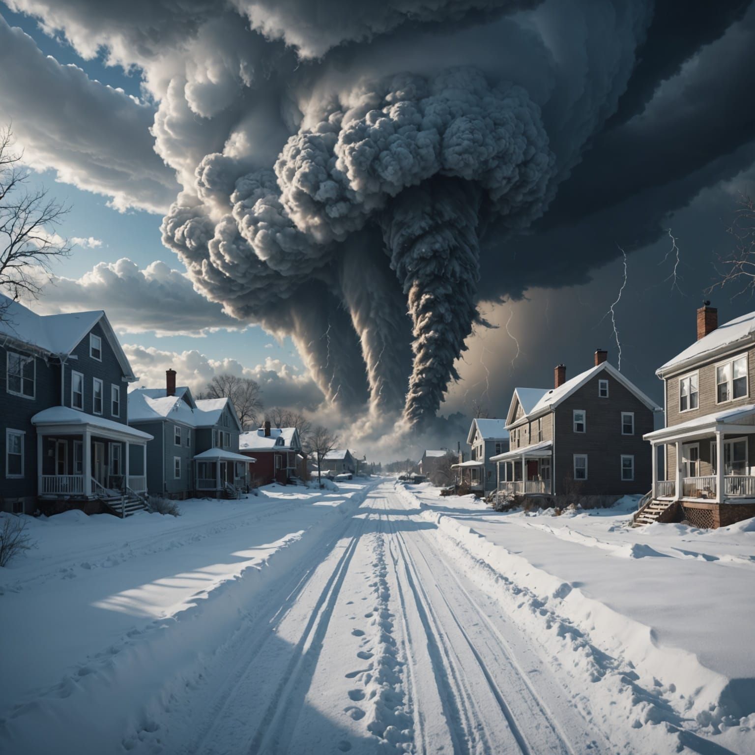 Wintery Sky: Three Distant Tornadoes Approach
