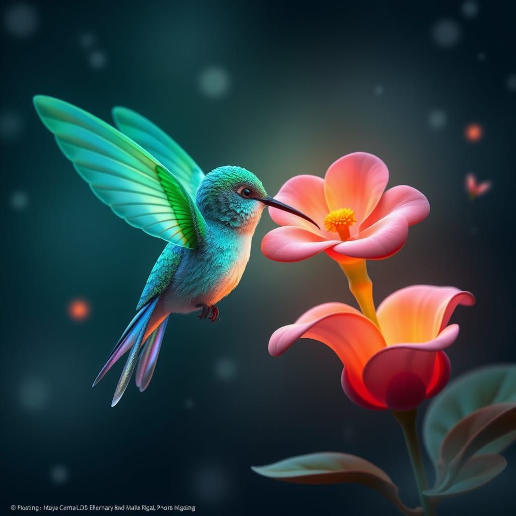 Surreal Bioluminescent Hummingbird in a Vibrant Jungle Parad...