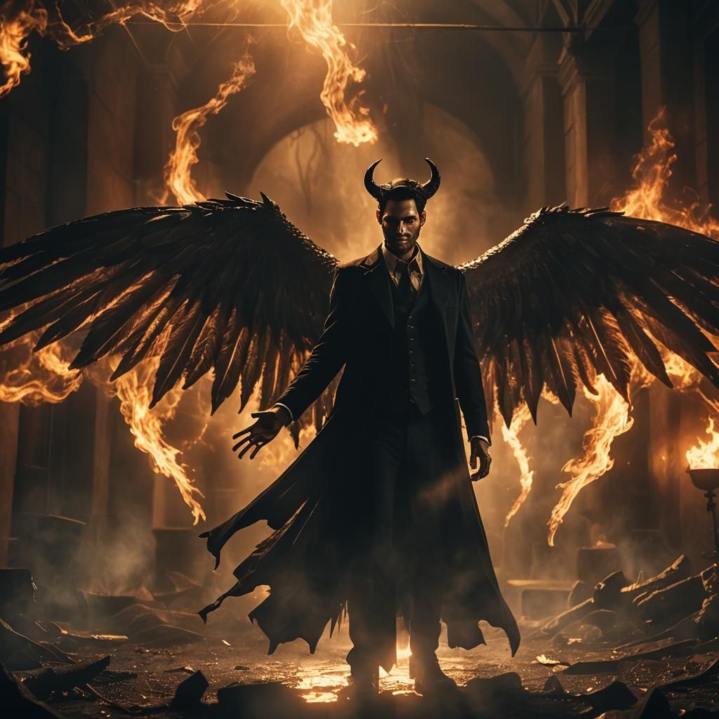 Lucifer Morningstar Devil Form in Fiery Landscape