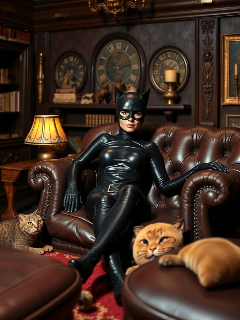 Catwoman Lounging in Luxurious 1960s TV Lair